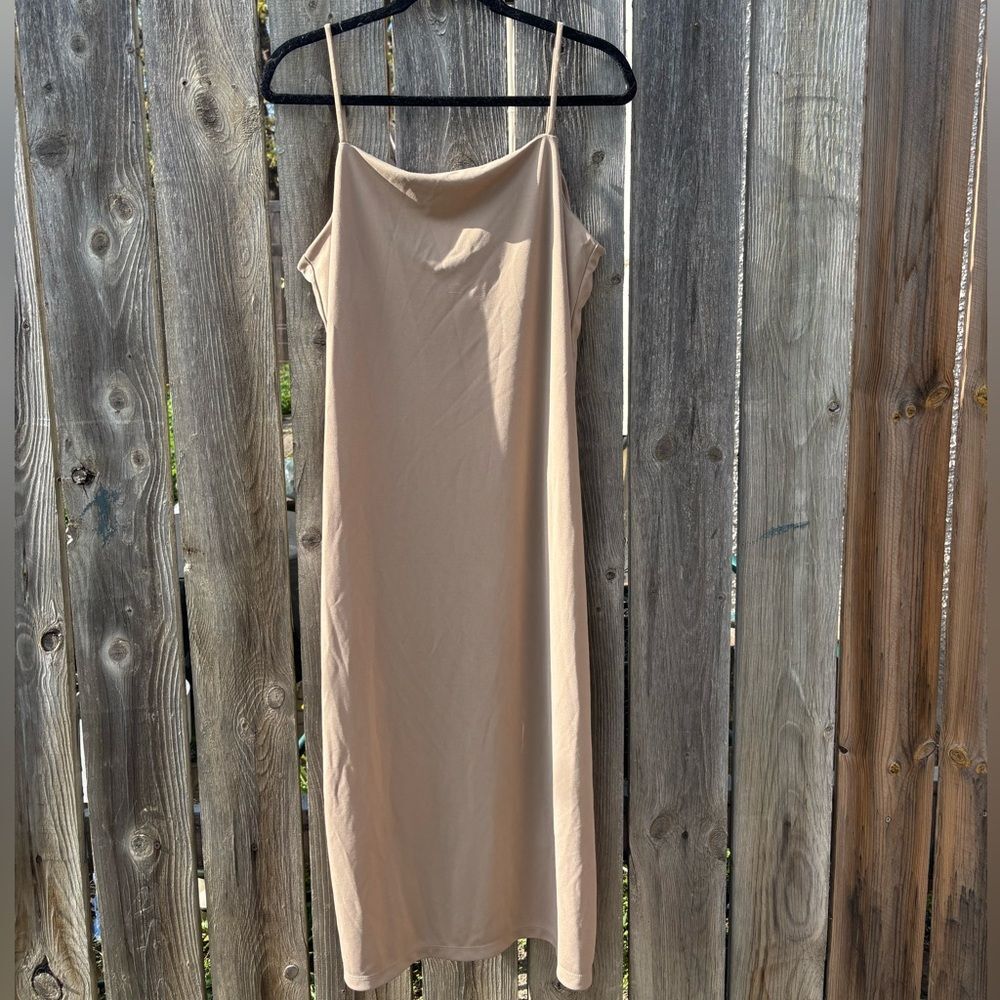 Tan Slip Midi Dress with Spaghetti Straps